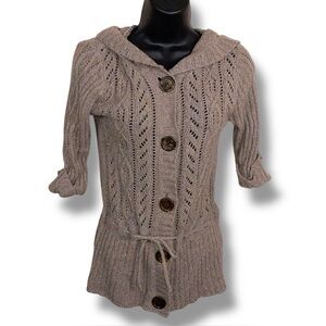 Medium Maurices Brown Open Knit Sweater Top Button Up Cottagecore Neutral Hooded